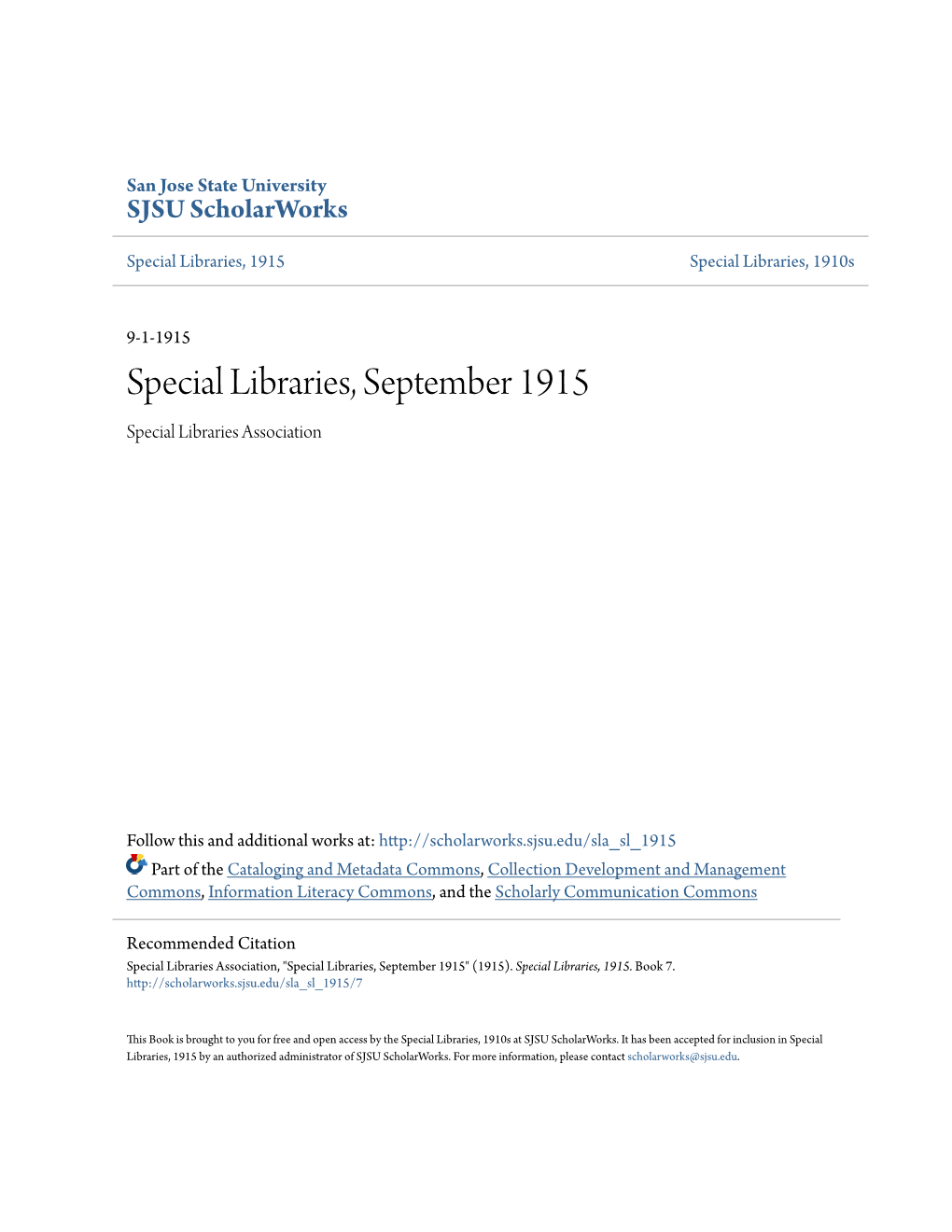 Special Libraries, September 1915 Special Libraries Association