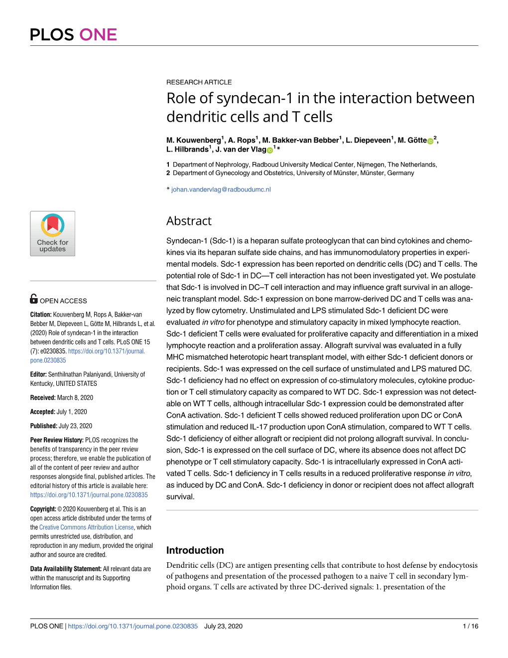 Role of Syndecan-1 in the Interaction Between Dendritic Cells and T Cells