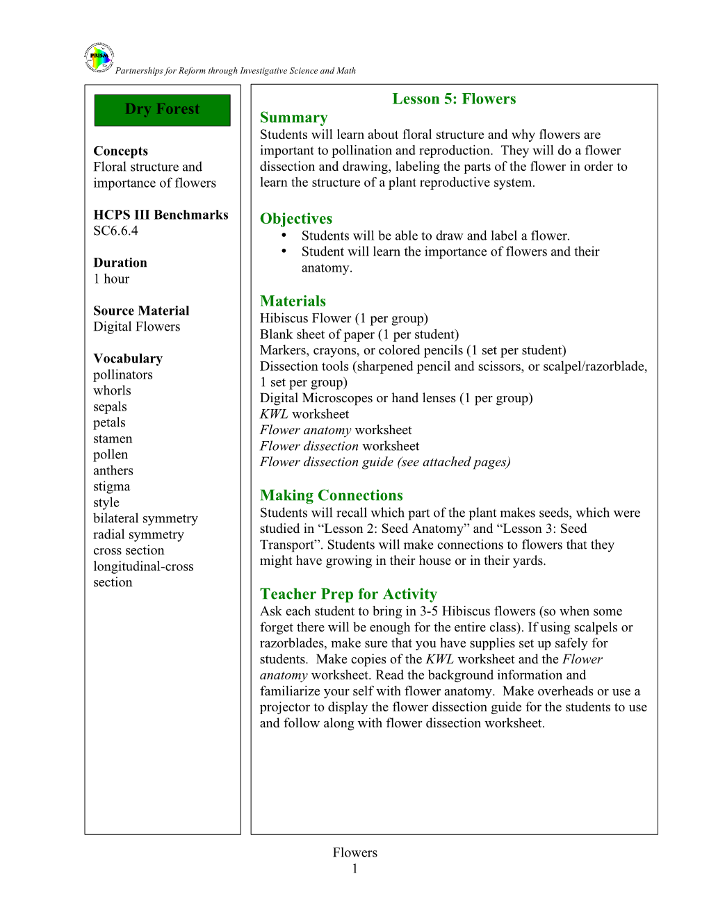 Lesson 5: Flowers Summary Objectives Materials Making