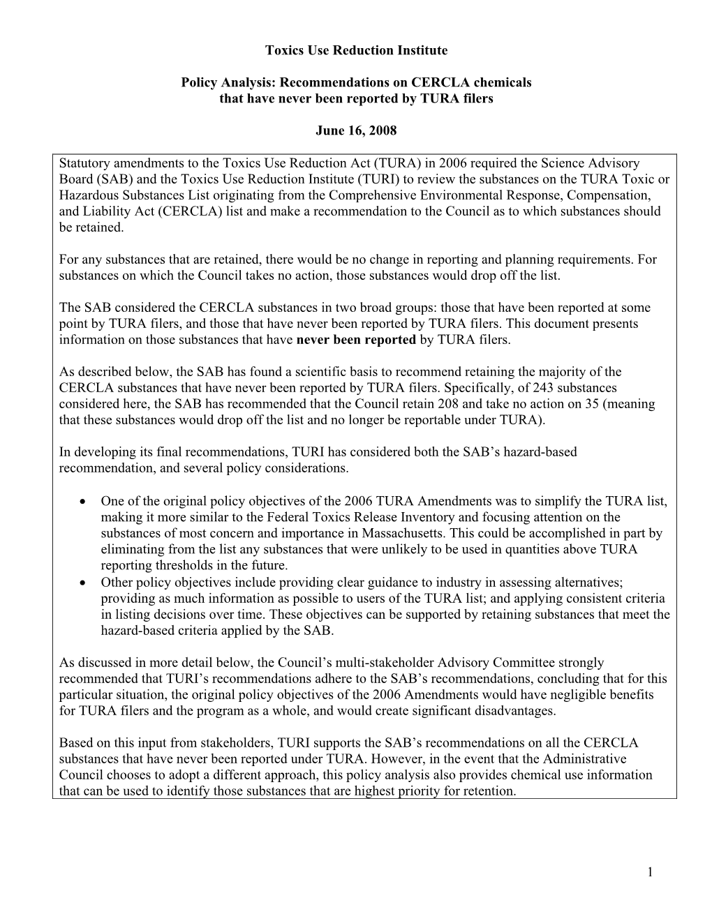 CERCLA Chemicals Policy Analysis