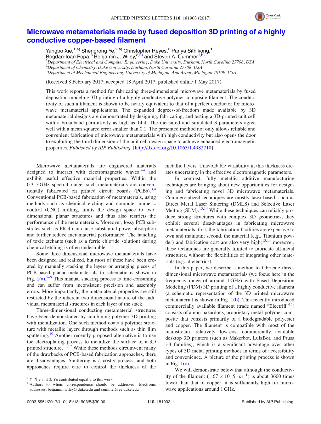 Microwave Metamaterials Made by Fused Deposition 3D Printing of a Highly Conductive Copper-Based Filament