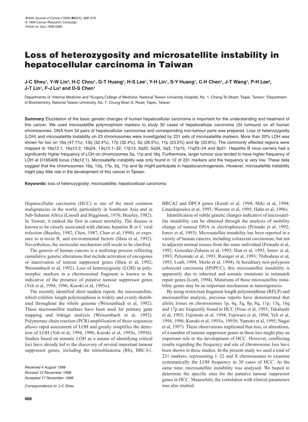 Loss of Heterozygosity and Microsatellite Instability in HCC 469