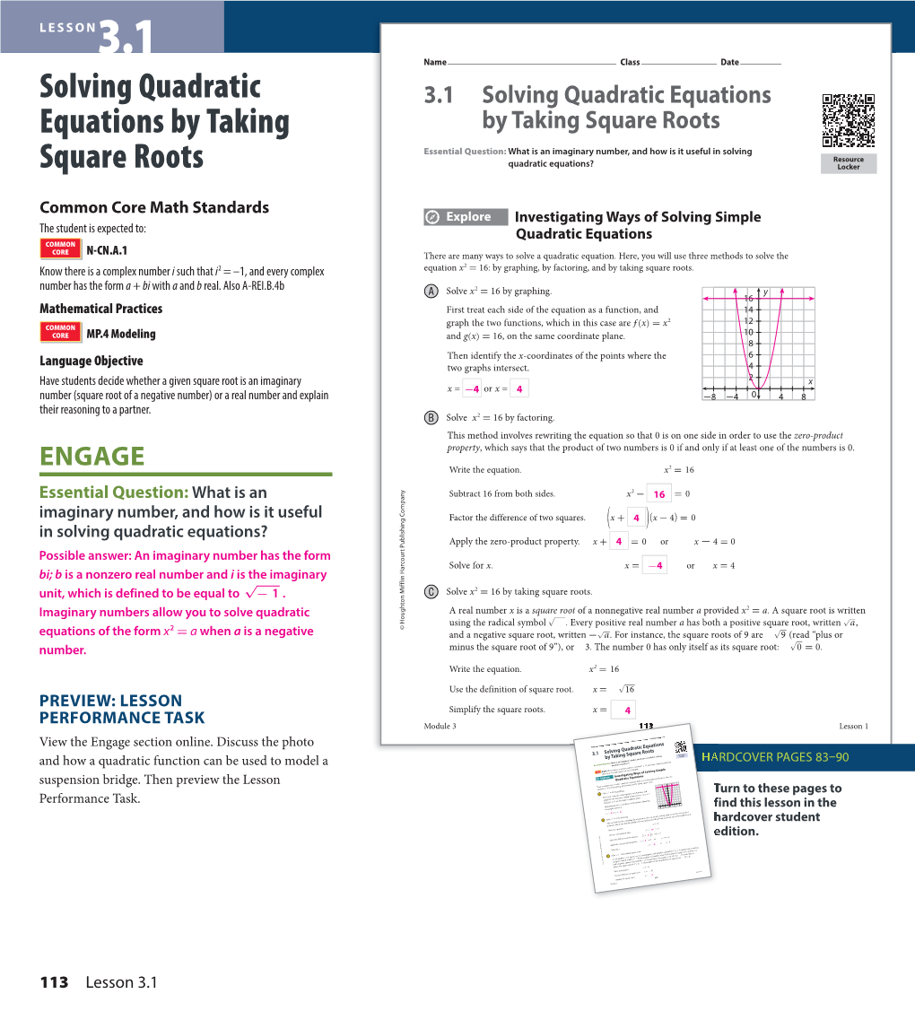 Solving Quadratic Equations by Taking Square Roots Square Taking by Equations Solving Quadratic B Lesson 1