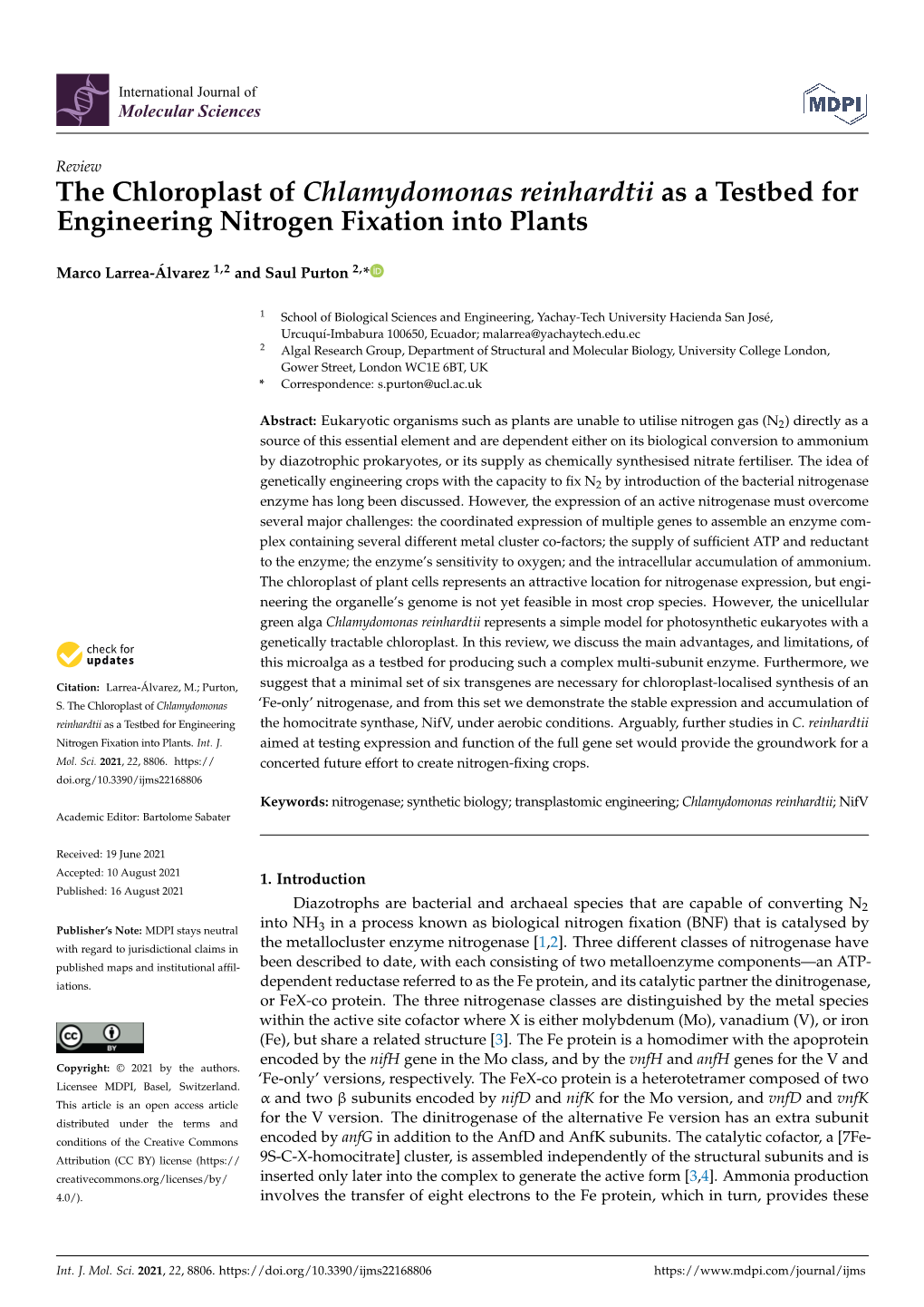 The Chloroplast of Chlamydomonas Reinhardtii As a Testbed for Engineering Nitrogen Fixation Into Plants