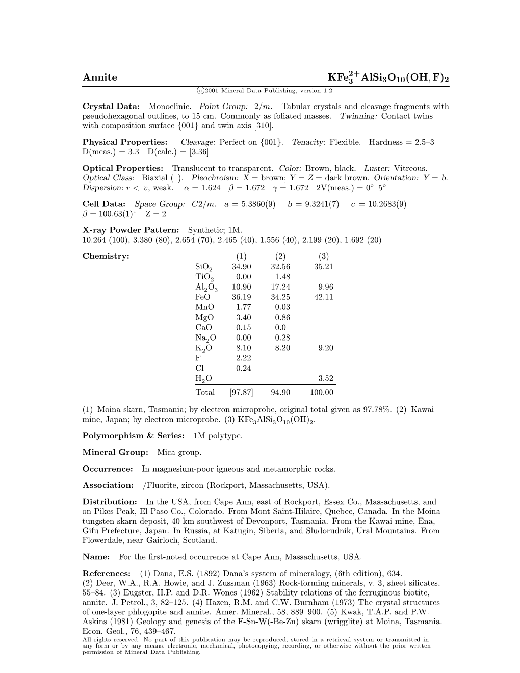 Annite Kfe3 Alsi3o10(OH; F)2 C 2001 Mineral Data Publishing, Version 1.2 ° Crystal Data: Monoclinic