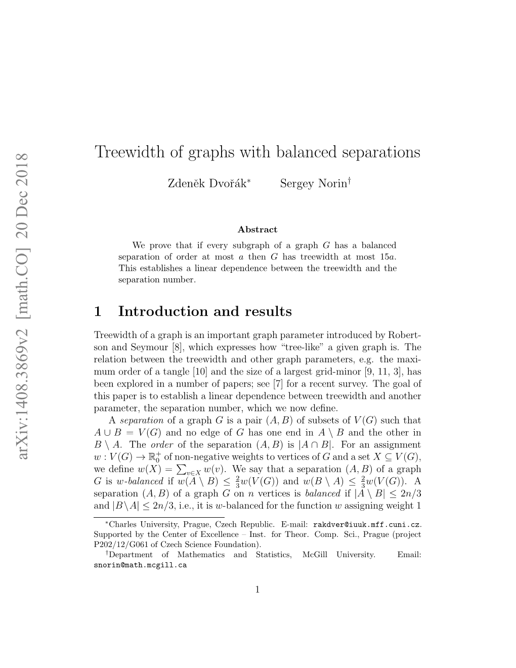 Treewidth of Graphs with Balanced Separations