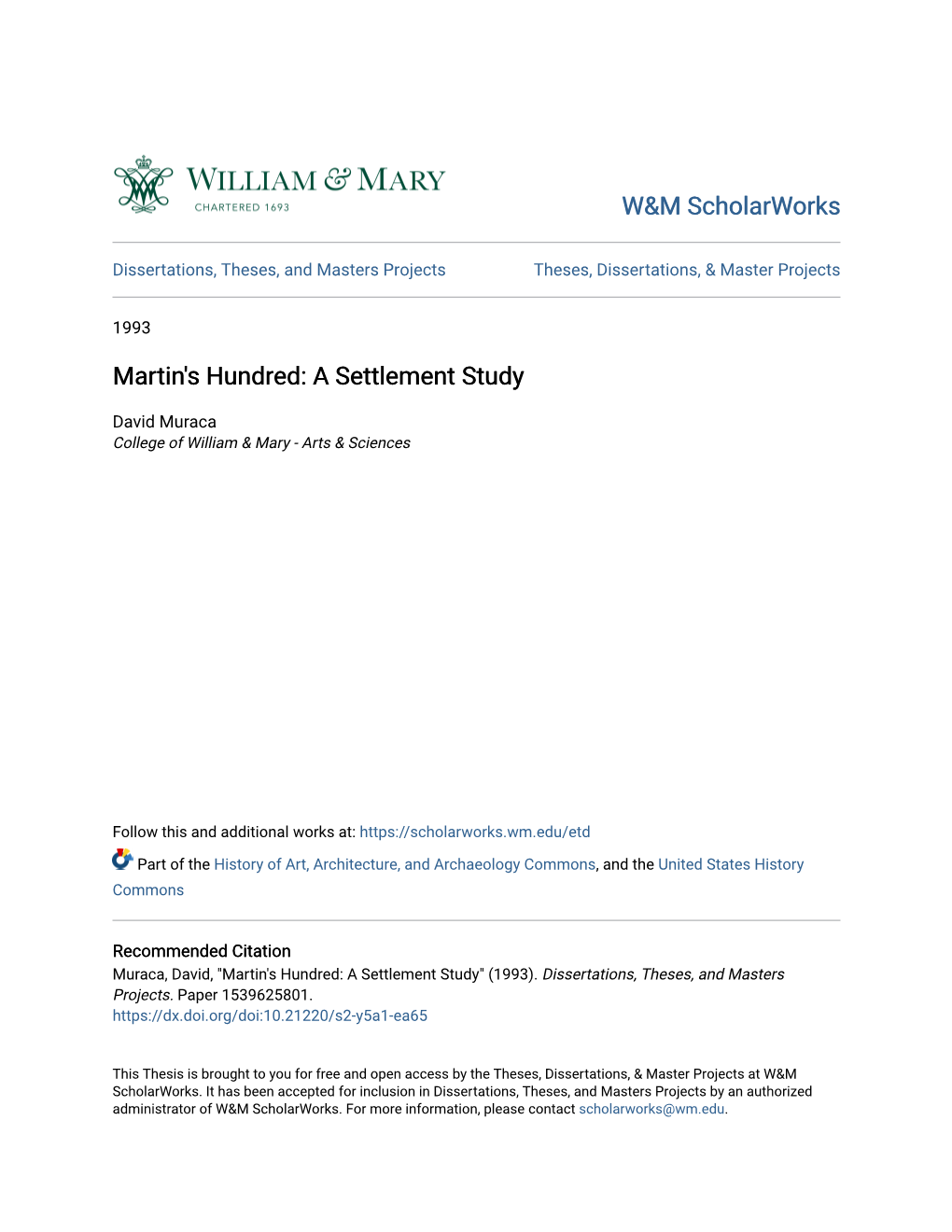 Martin's Hundred: a Settlement Study