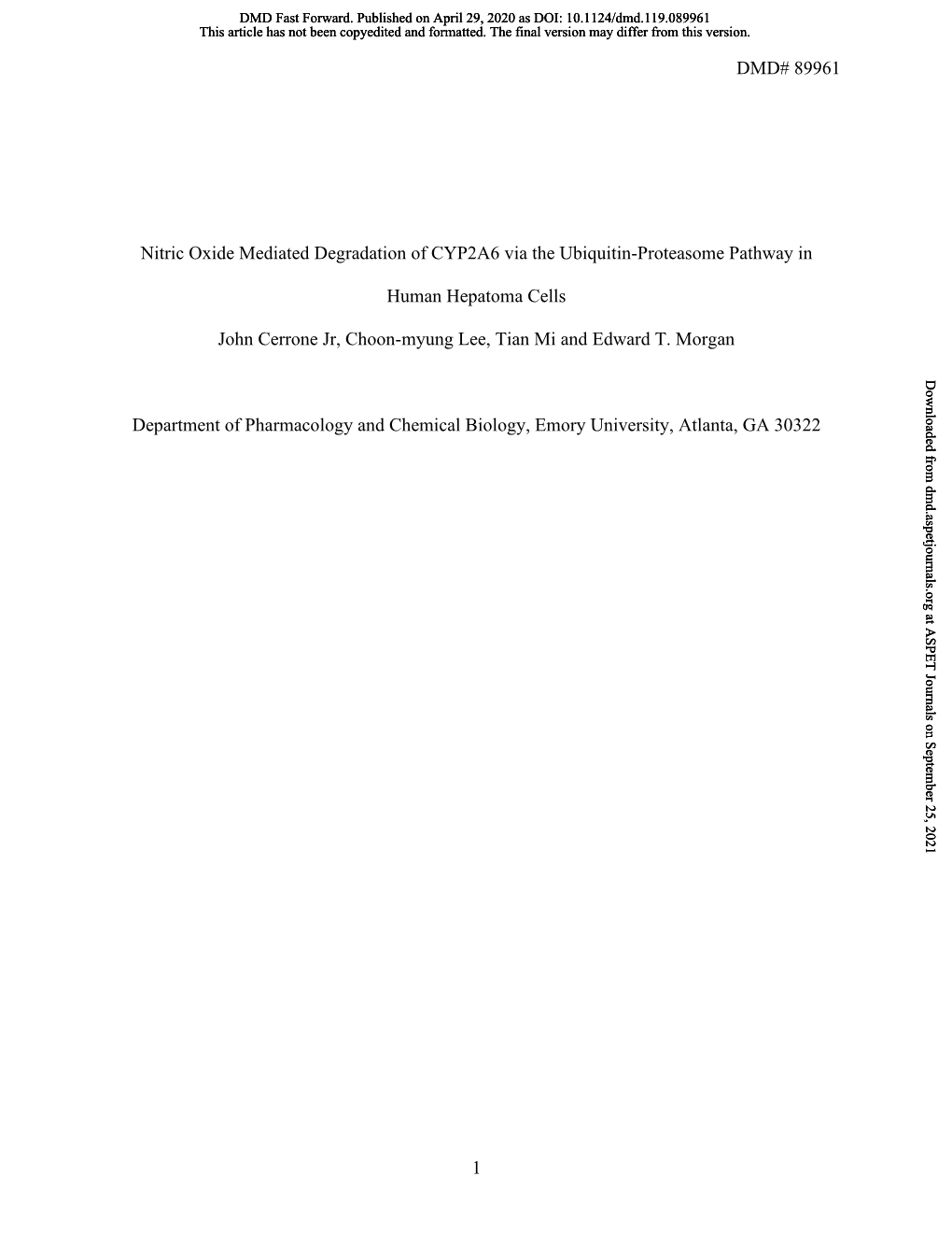 Nitric Oxide Mediated Degradation of CYP2A6 Via the Ubiquitin-Proteasome Pathway In