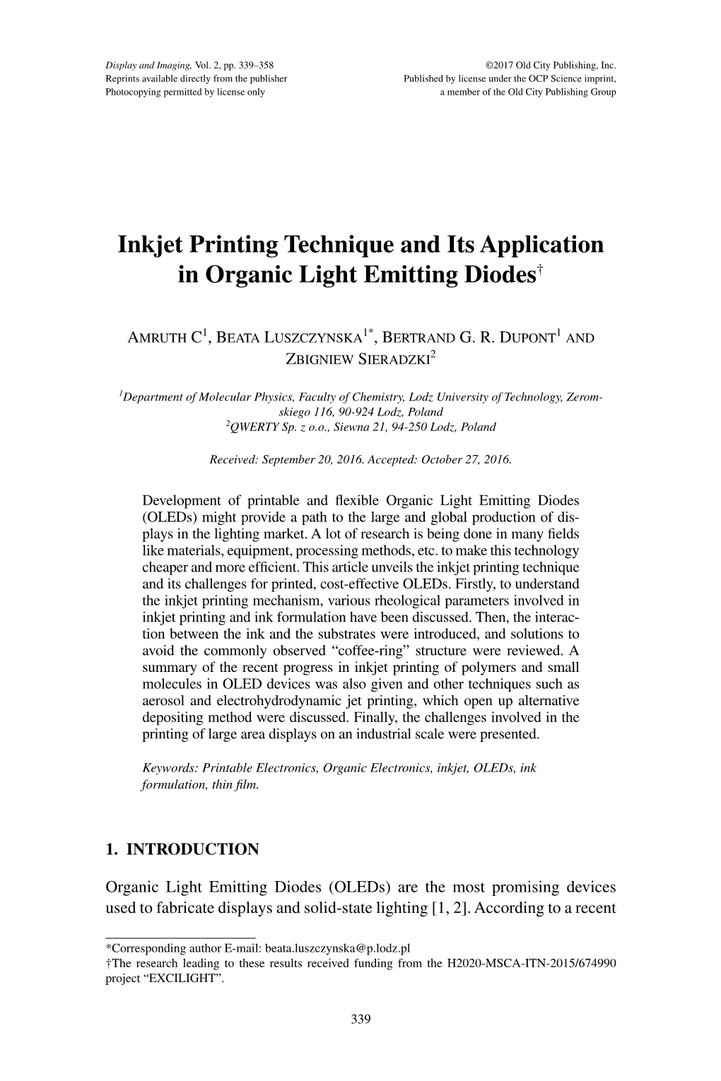 Inkjet Printing Technique and Its Application in Organic Light Emitting Diodes†