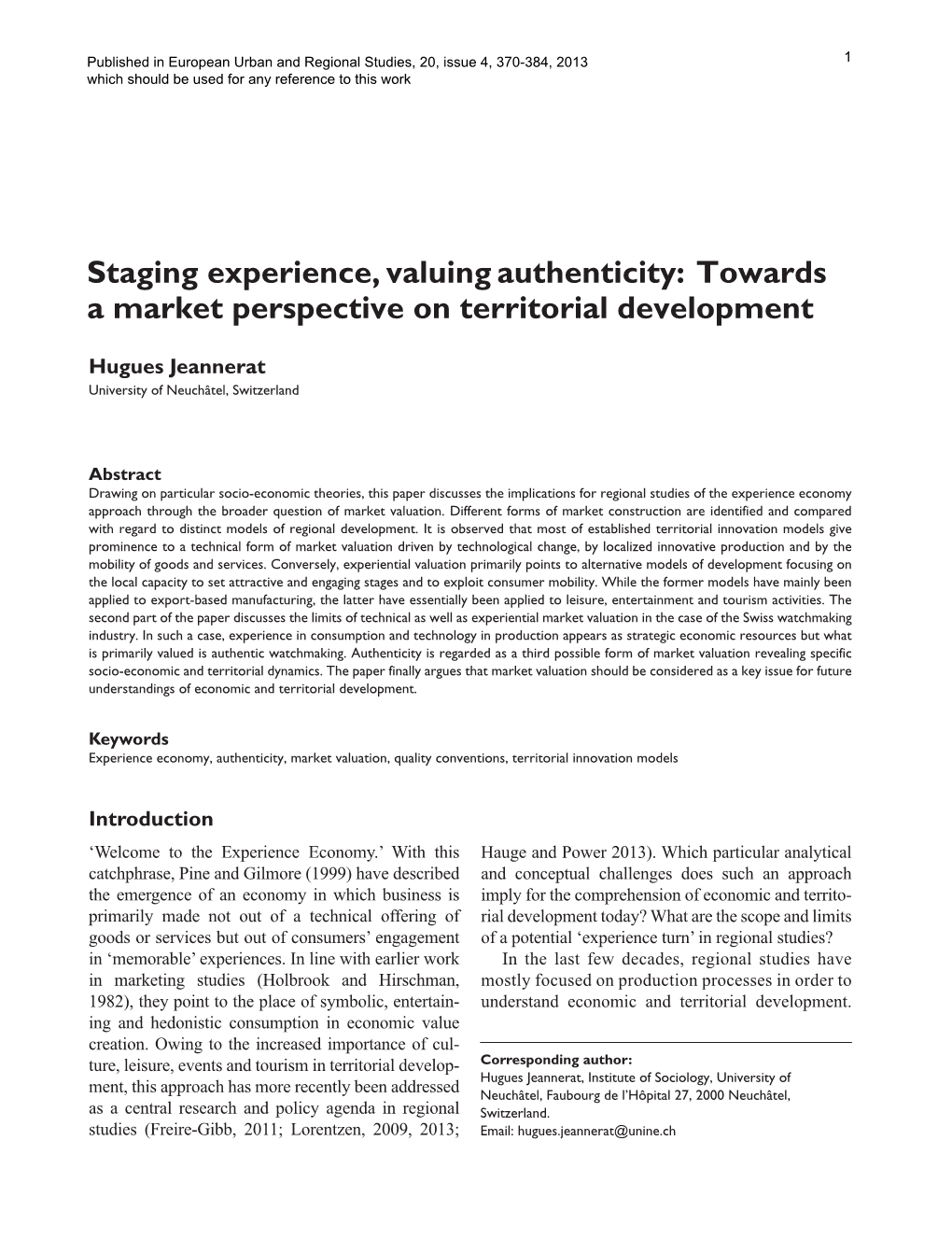 Staging Experience, Valuing Authenticity: Towards a Market Perspective on Territorial Development