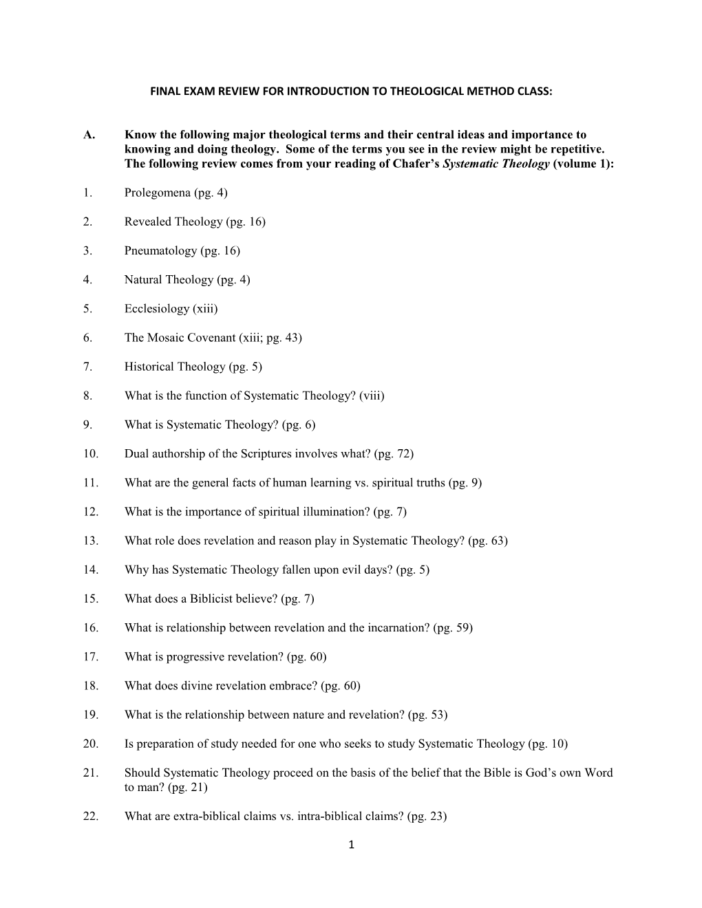 Final Exam Review for Introduction to Theological Method Class