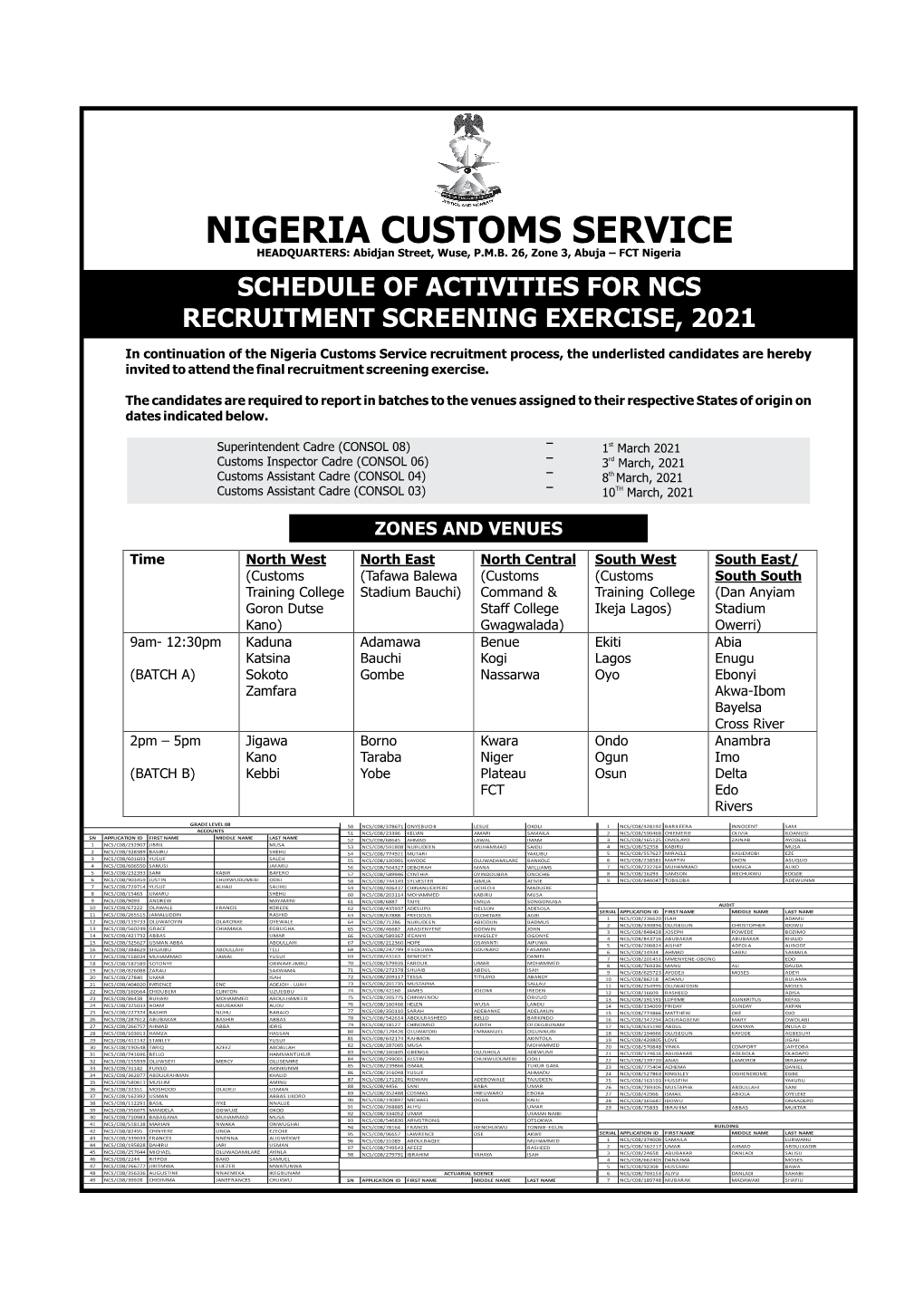 Schedule of Activities for Ncs Recruitment Screening Exercise, 2021