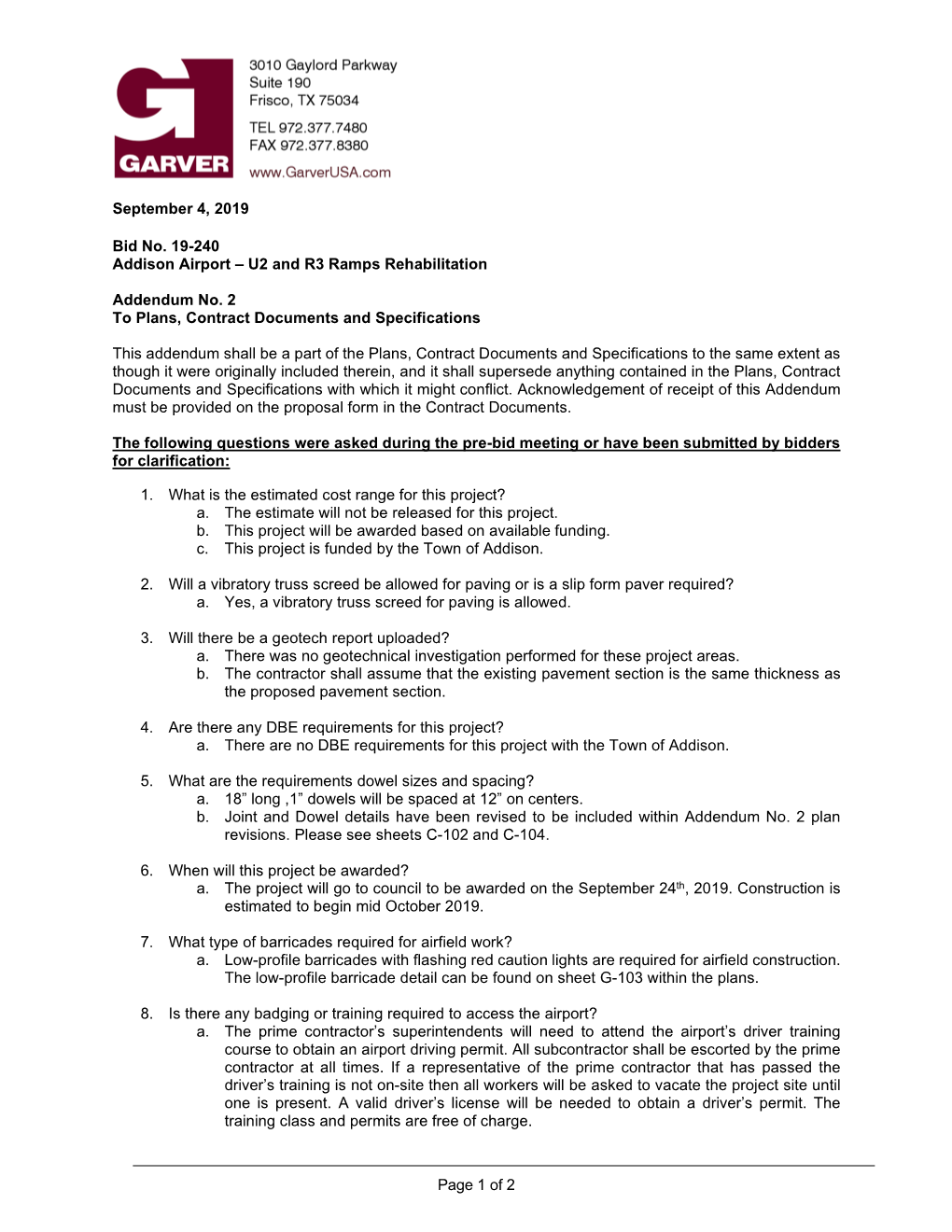 Page 1 of 2 September 4, 2019 Bid No. 19-240 Addison Airport – U2 And