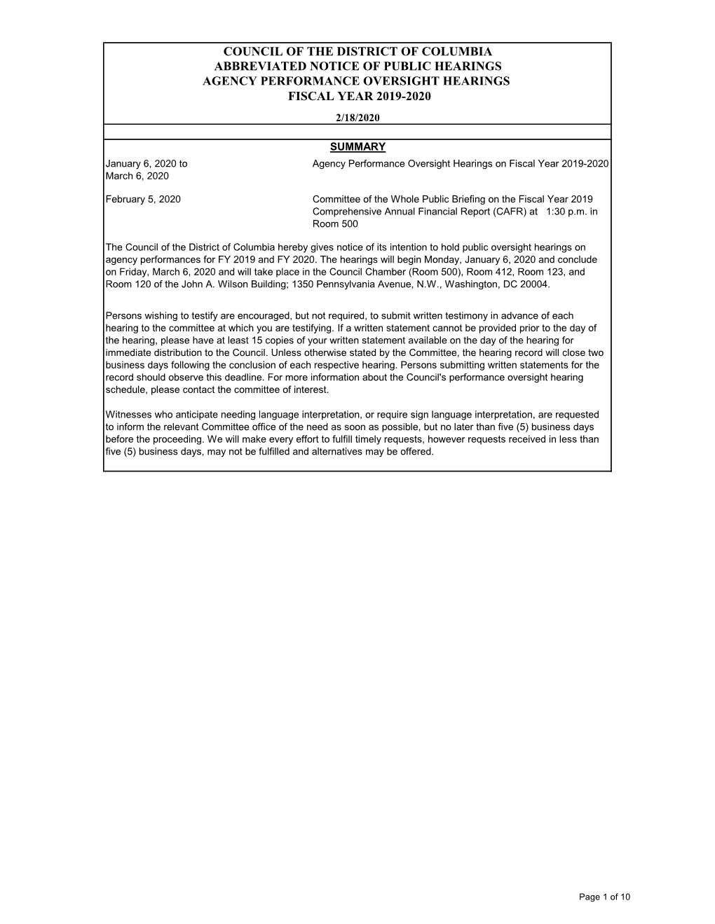 Council of the District of Columbia Abbreviated Notice of Public Hearings Agency Performance Oversight Hearings Fiscal Year 2019-2020 2/18/2020