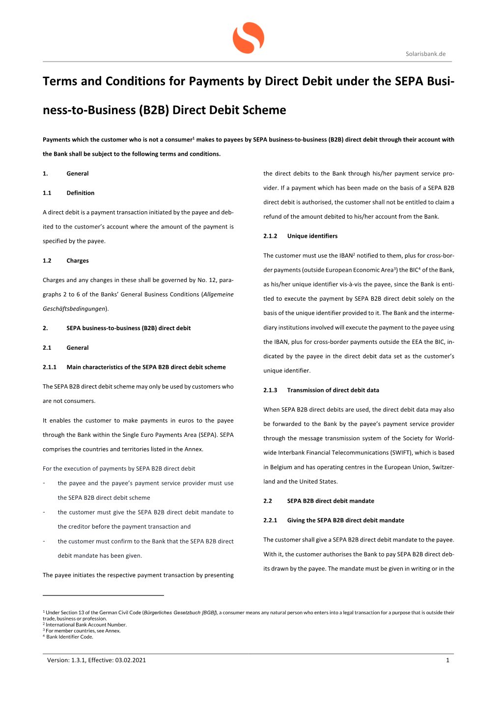 Terms and Conditions for Payments by Direct Debit Under the SEPA Busi- Ness-To-Business (B2B) Direct Debit Scheme