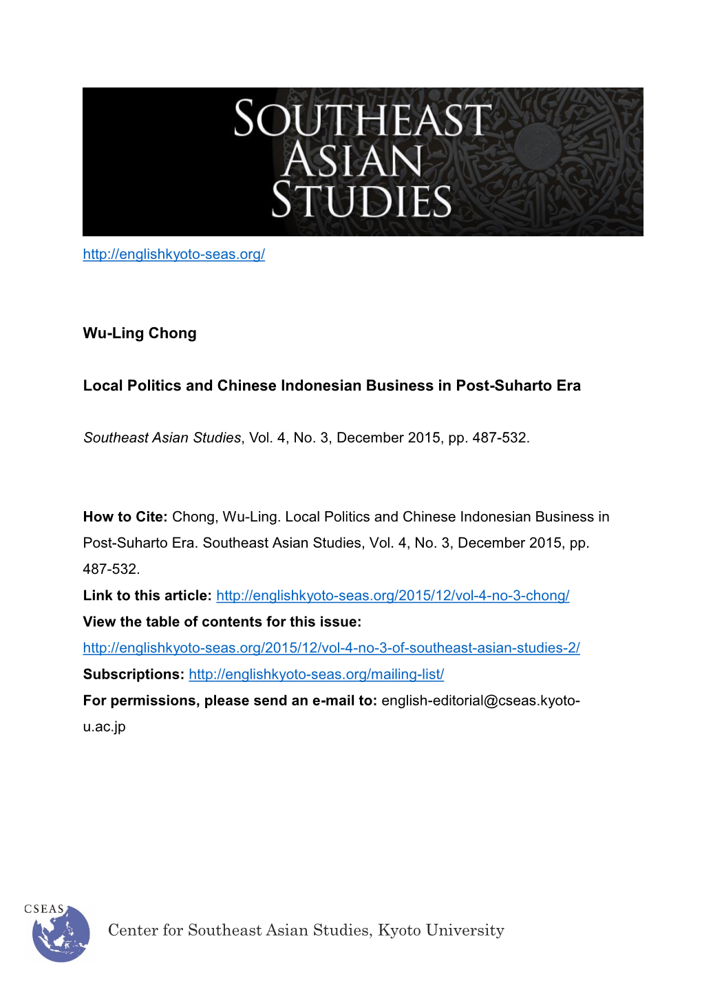 Center for Southeast Asian Studies, Kyoto University Local Politics and Chinese Indonesian Business in Post-Suharto Era