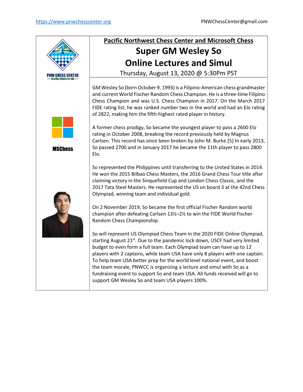 Super GM Wesley So Online Lectures and Simul Thursday, August 13, 2020 @ 5:30Pm PST