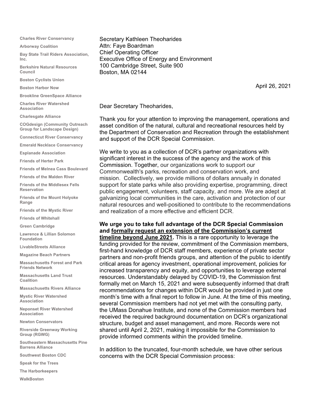 April 26, 2021 Secretary Kathleen Theoharides Attn: Faye Boardman Chief Operating Officer Executive Office of Energy and Environ