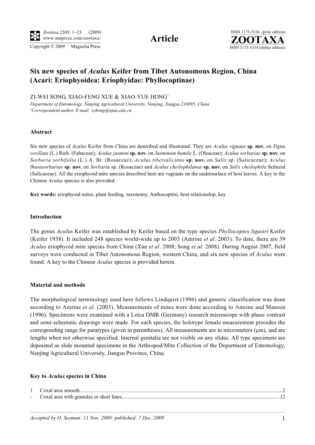 Zootaxa, Six New Species of Aculus Keifer from Tibet Autonomous