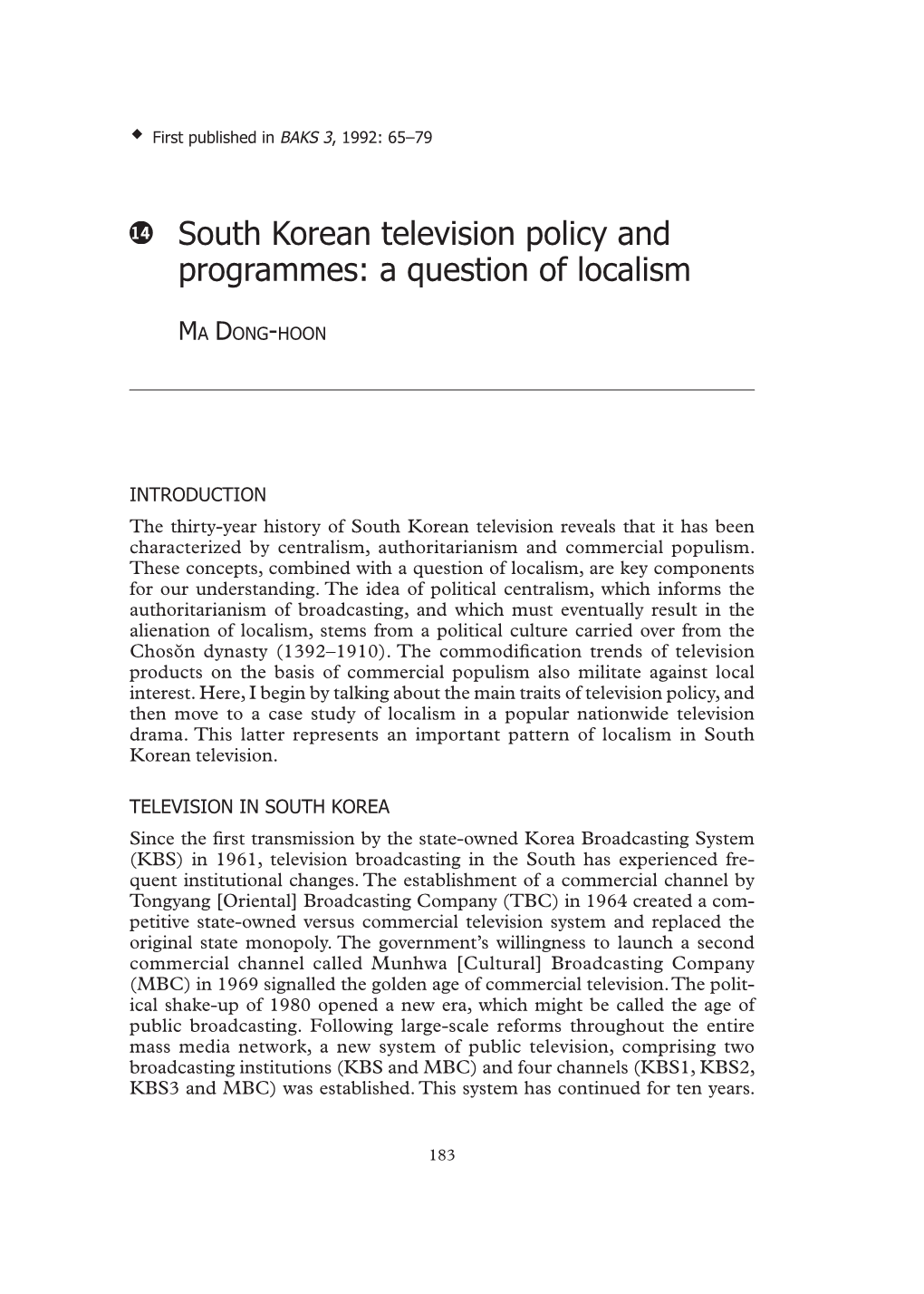 South Korean Television Policy and Programmes: a Question of Localism
