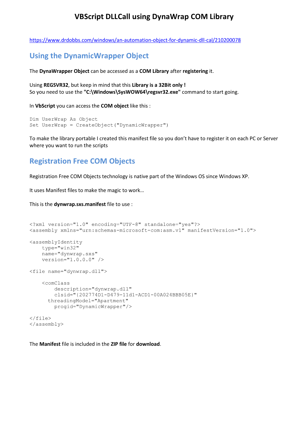 Vbscript Dllcall Using Dynawrap COM Library Using the Dynamicwrapper Object Registration Free COM Objects