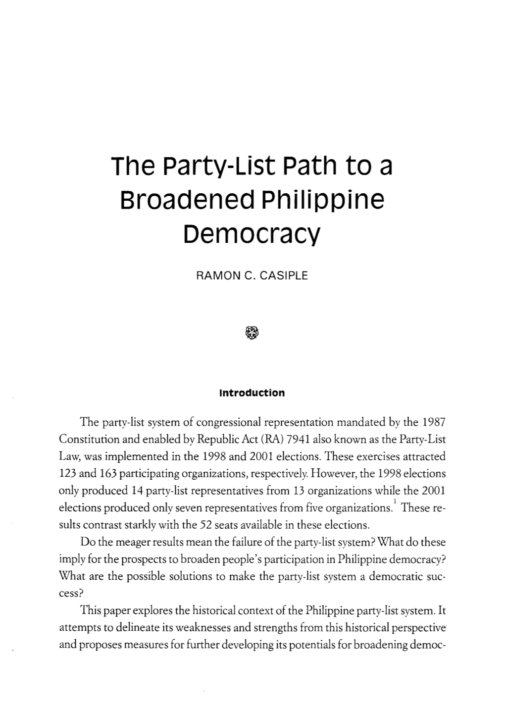 The Party-List Path to a Broadened Philippine Democracy