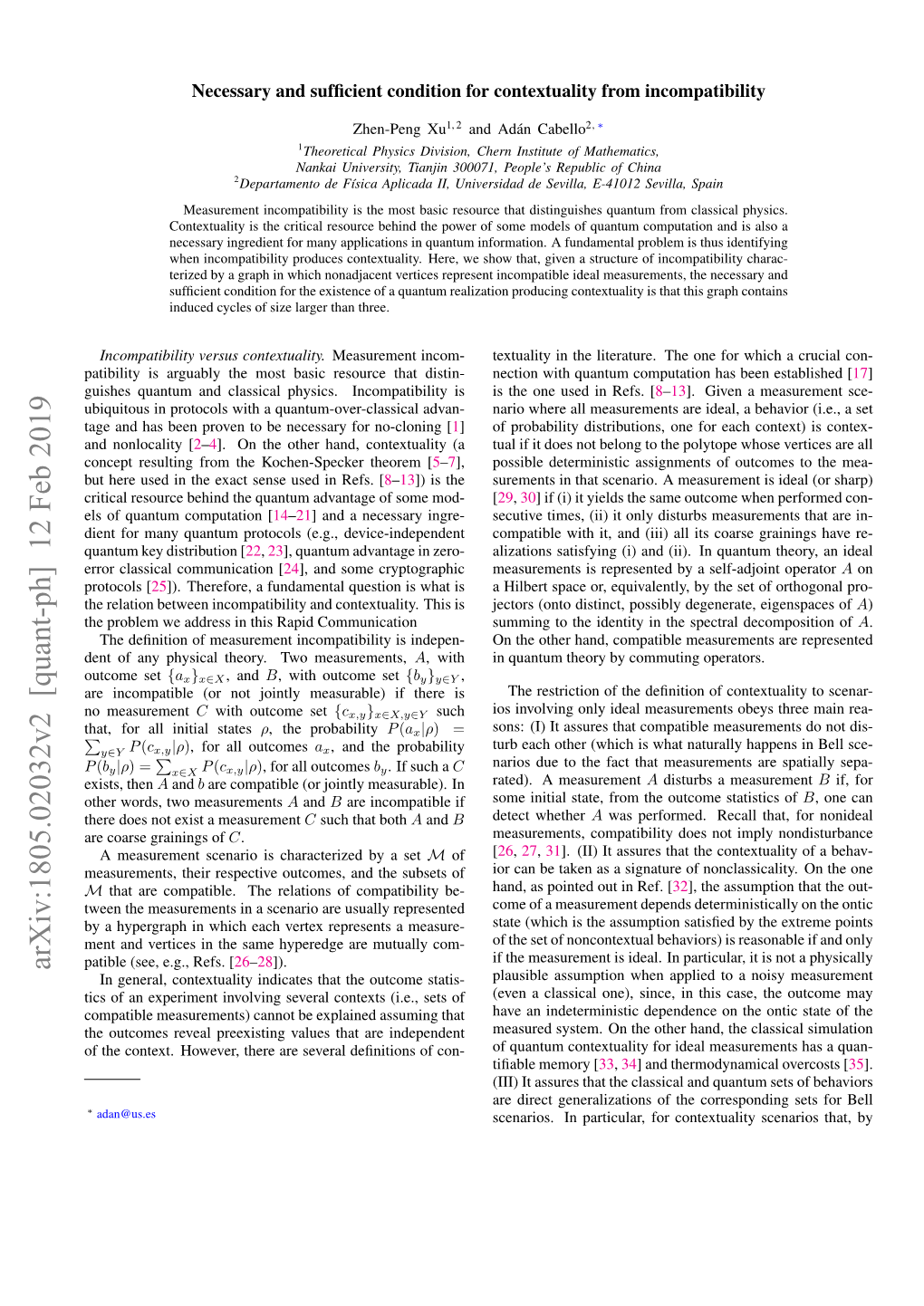 Arxiv:1805.02032V2 [Quant-Ph] 12 Feb 2019 Patible (See, E.G., Refs