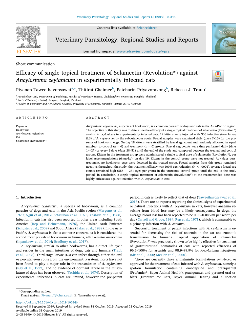 Efficacy of Single Topical Treatment of Selamectin (Revolution®)