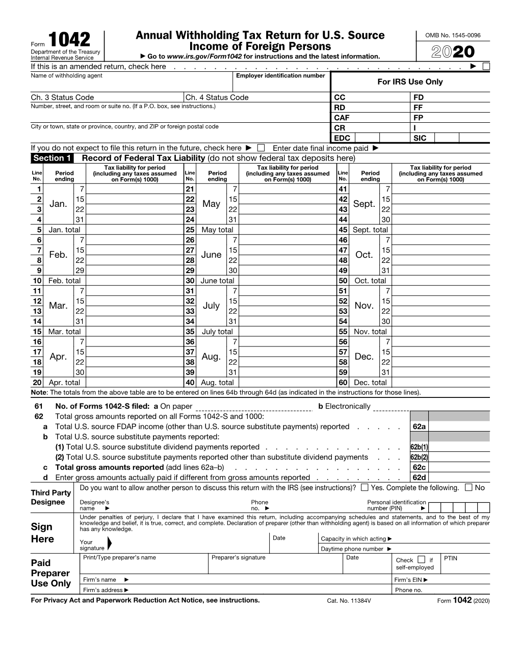 Form 1042, Annual Withholding Tax Return for U.S. Source Income Of