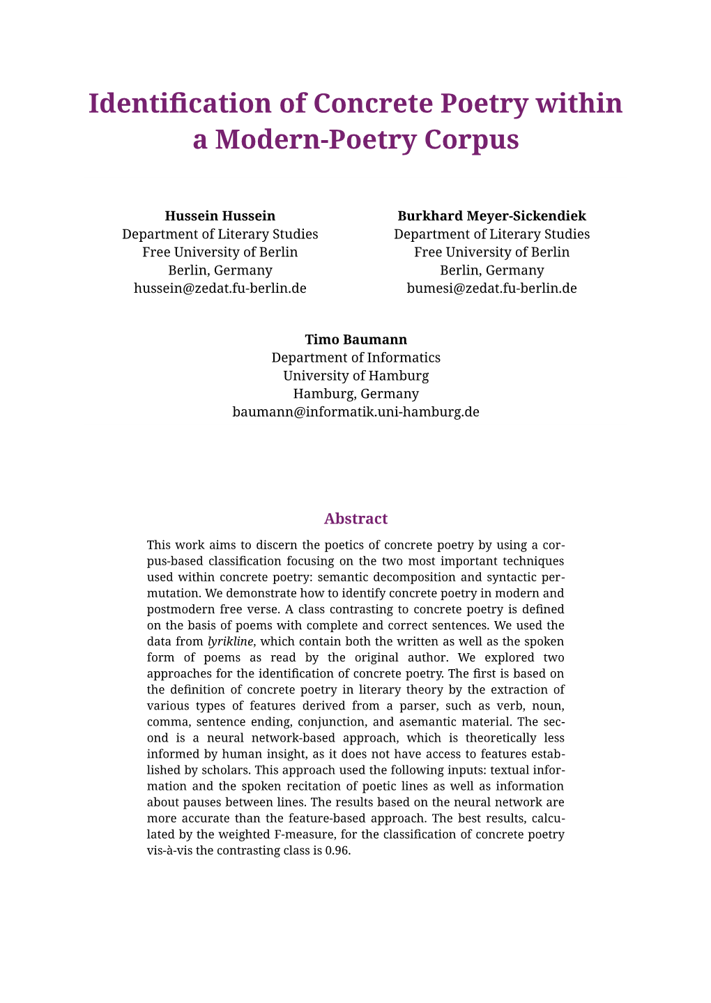 Identification of Concrete Poetry Within a Modern-Poetry Corpus