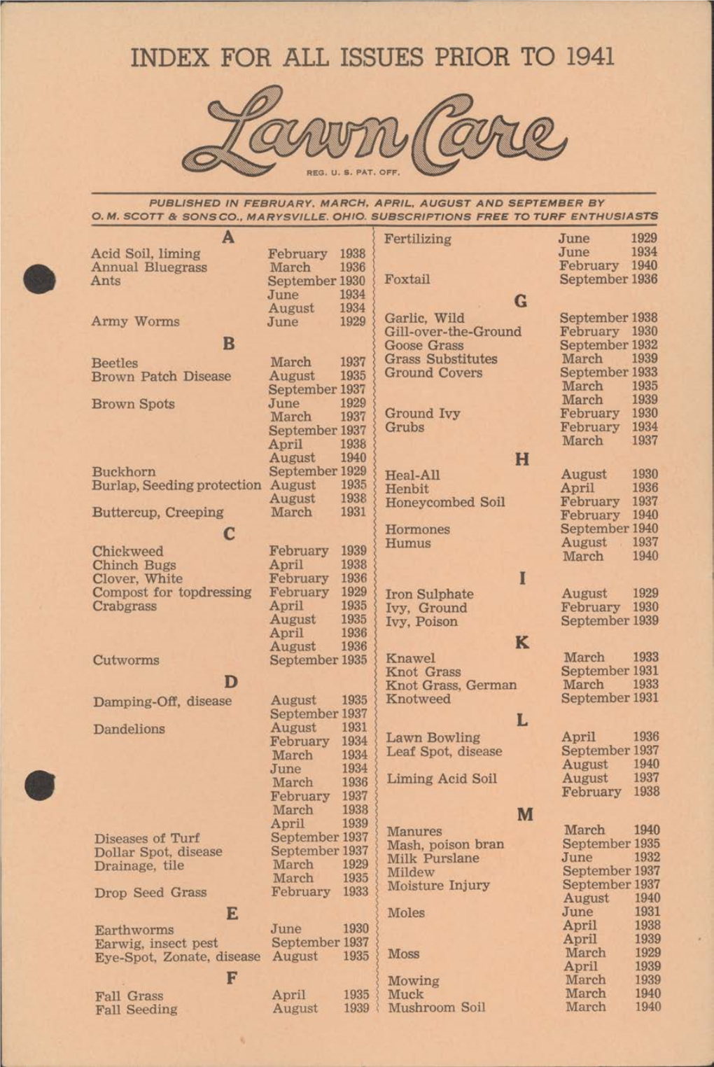 INDEX for ALL ISSUES PRIOR to 1941 C