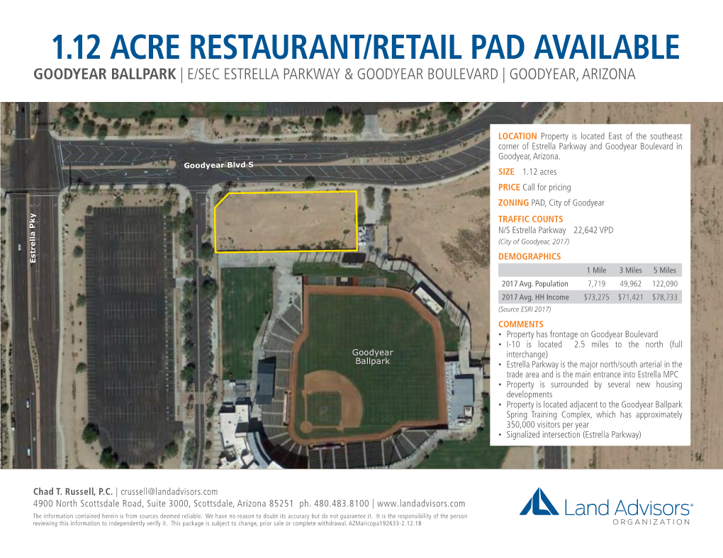 ±1.12 Acre Restaurant/Retail Pad Available Goodyear Ballpark | E/Sec Estrella Parkway & Goodyear Boulevard | Goodyear, Arizona