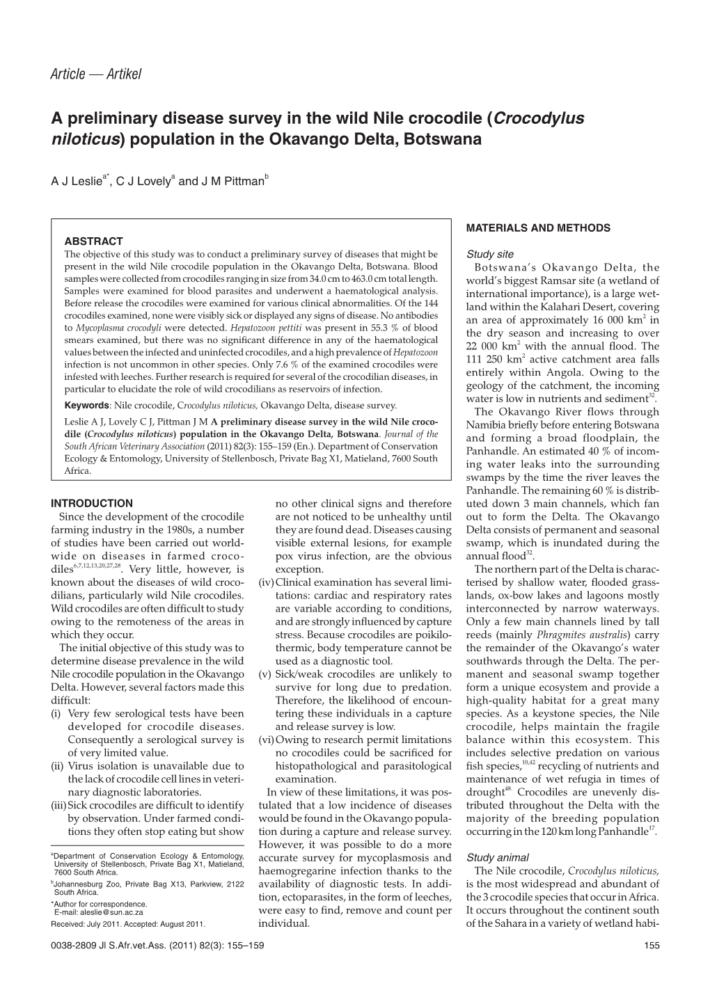 A Preliminary Disease Survey in the Wild Nile Crocodile (Crocodylus Niloticus) Population in the Okavango Delta, Botswana