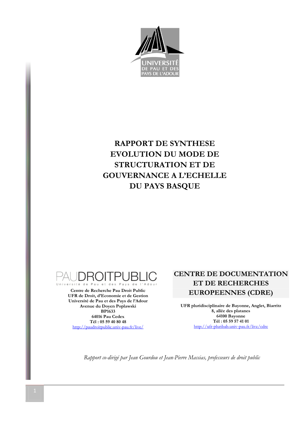 Rapport De Synthese Evolution Du Mode De Structuration Et De Gouvernance a L’Echelle Du Pays Basque