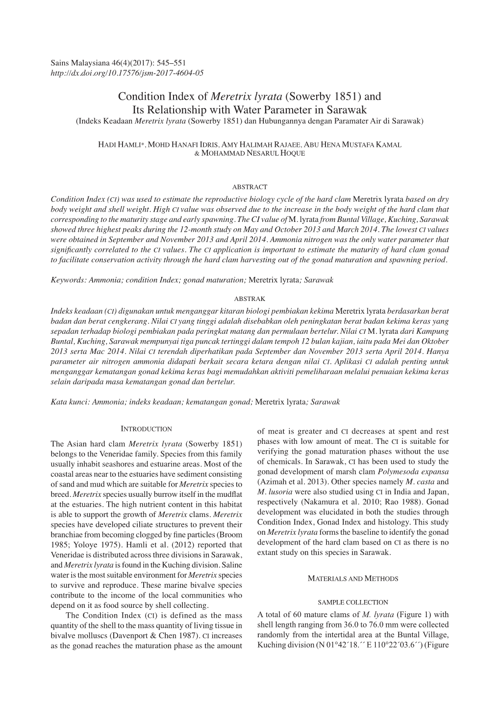 Condition Index of Meretrix Lyrata