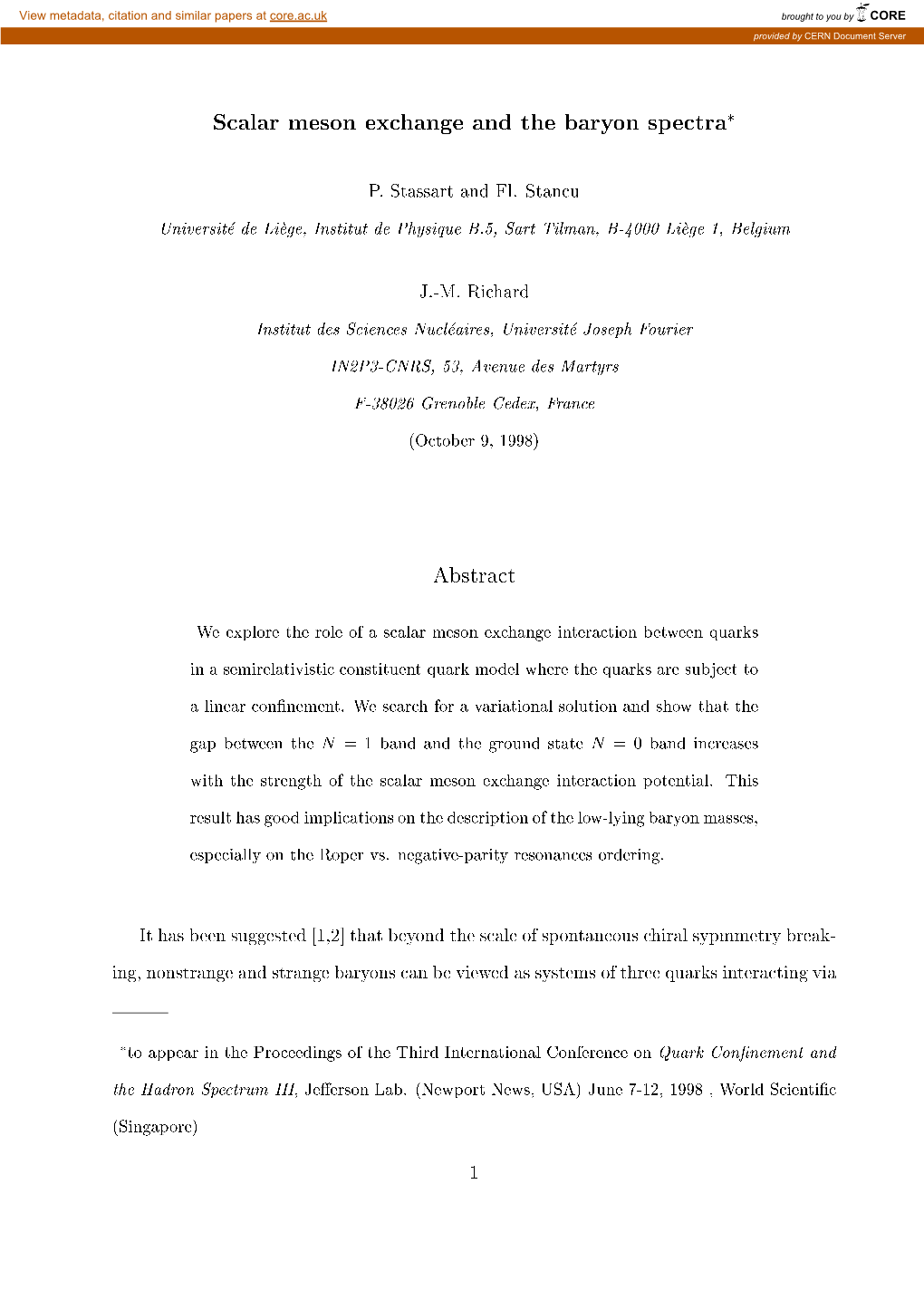 Scalar Meson Exchange and the Baryon Spectra*