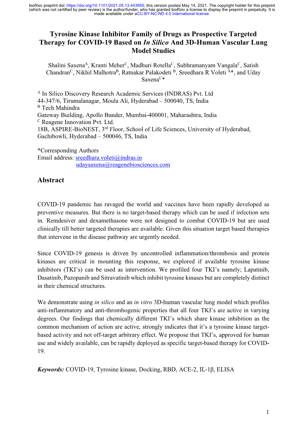 Tyrosine Kinase Inhibitor Family of Drugs As Prospective Targeted Therapy for COVID-19 Based on in Silico and 3D-Human Vascular Lung Model Studies