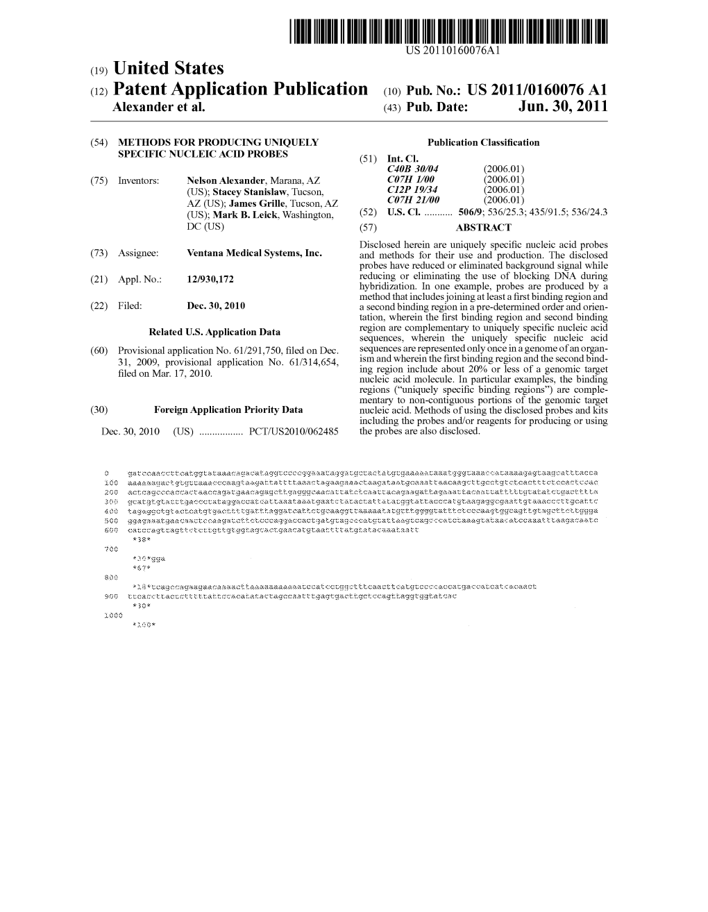 (12) Patent Application Publication (10) Pub. No.: US 2011/0160076 A1 Alexander Et Al