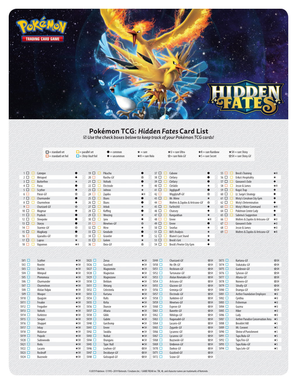 Hidden Fates Card List Use the Check Boxes Below to Keep Track of Your Pokémon TCG Cards!