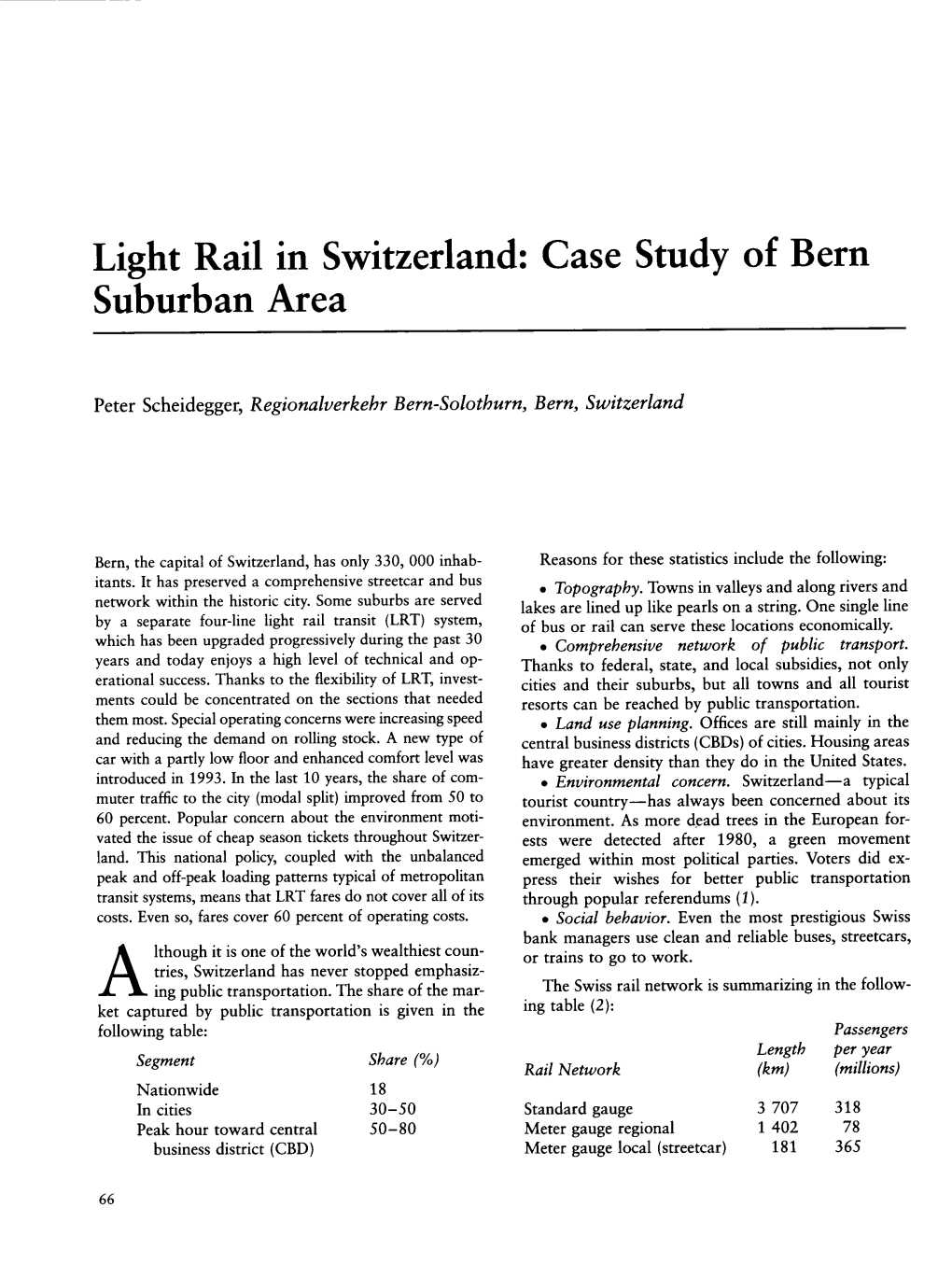 Light Rail in Switzerland: Case Study of Bern Suburban Area