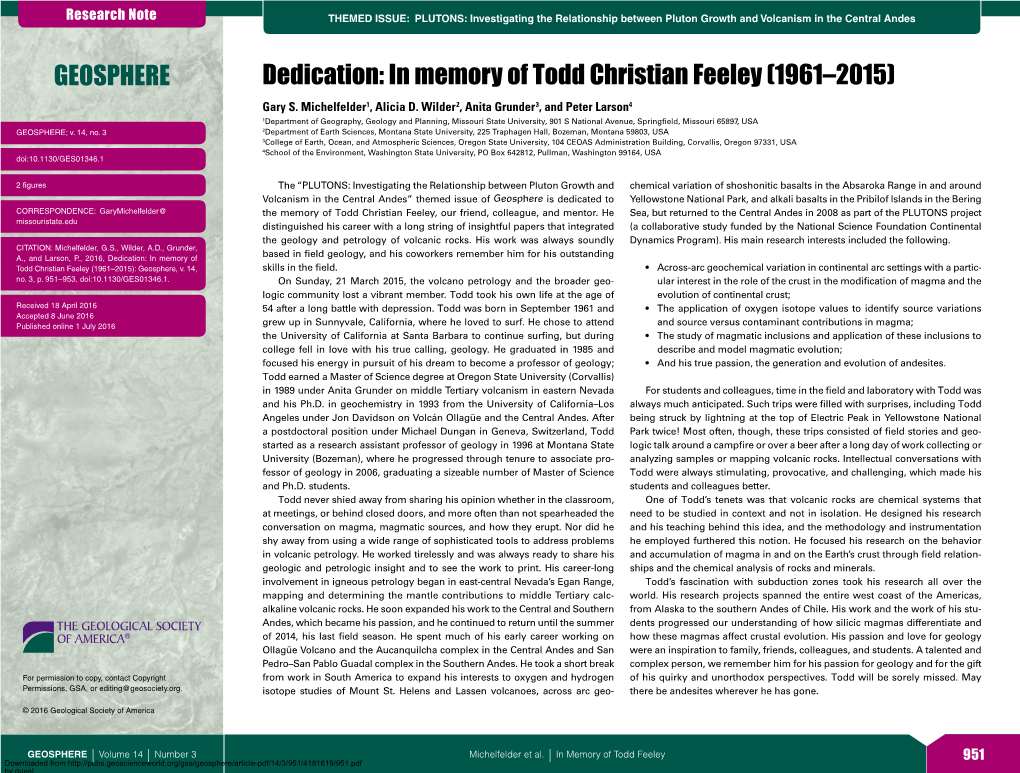 GEOSPHERE Dedication: in Memory of Todd Christian Feeley (1961–2015) Gary S