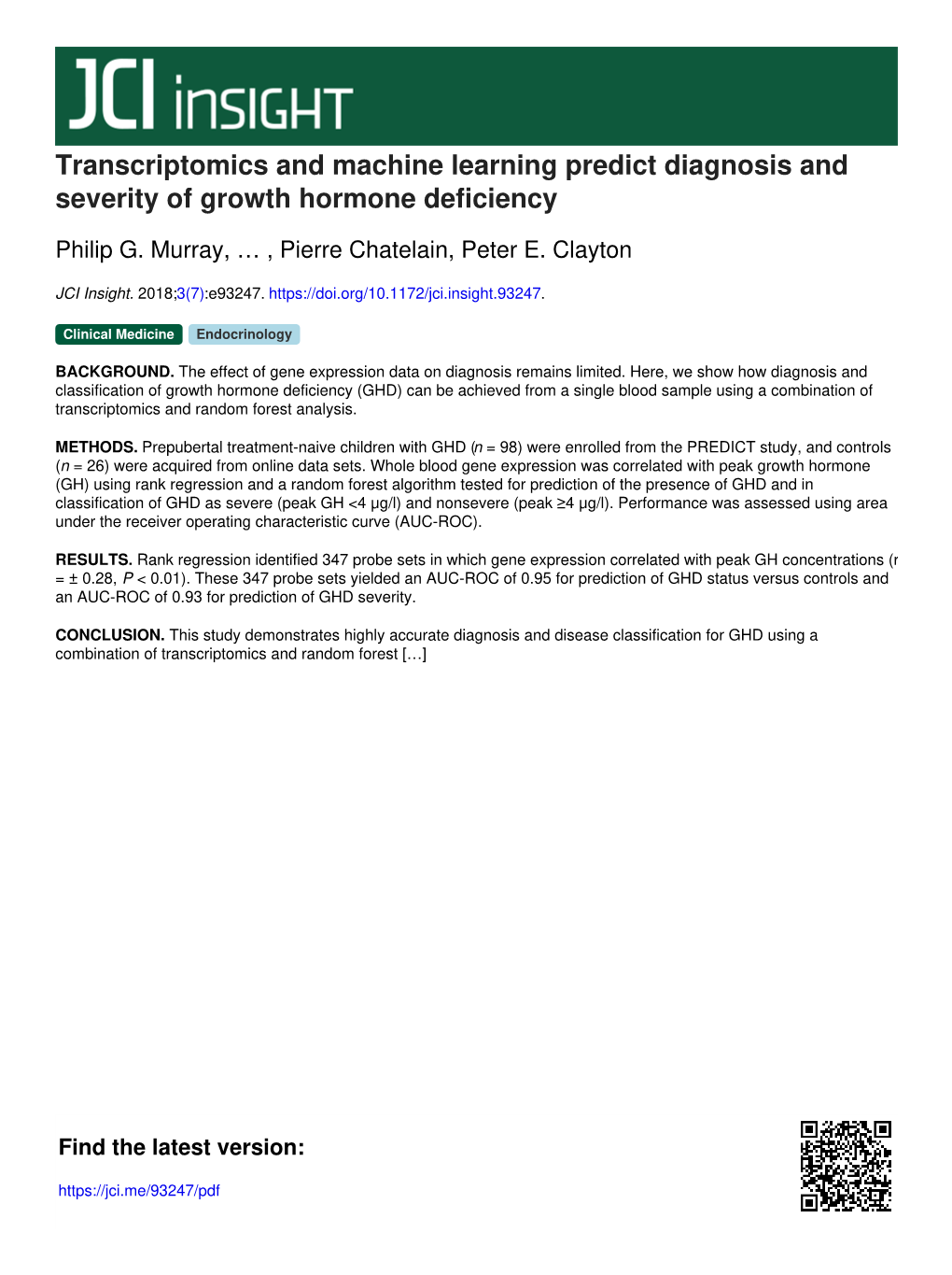 Transcriptomics and Machine Learning Predict Diagnosis and Severity of Growth Hormone Deficiency