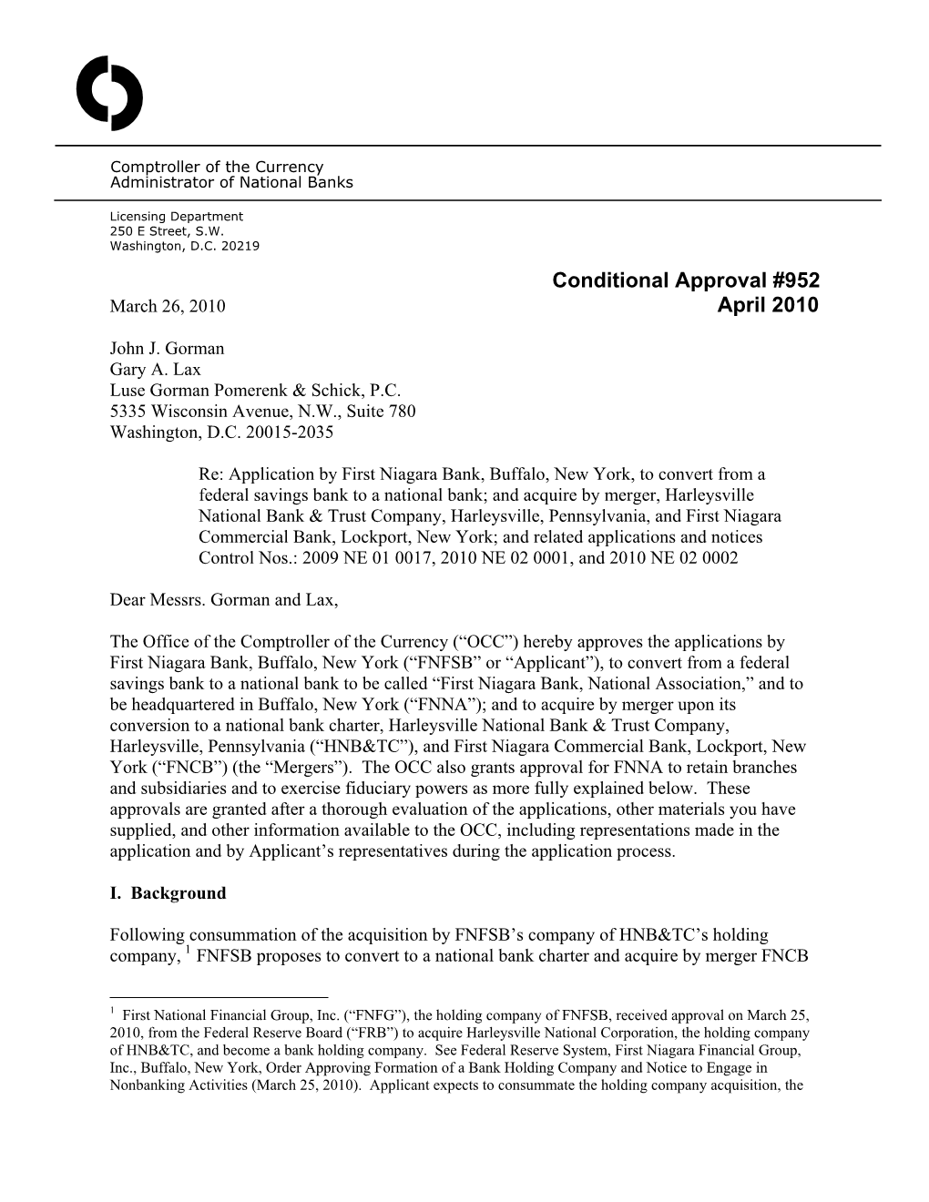 Conditional Approval #952 March 26, 2010 April 2010