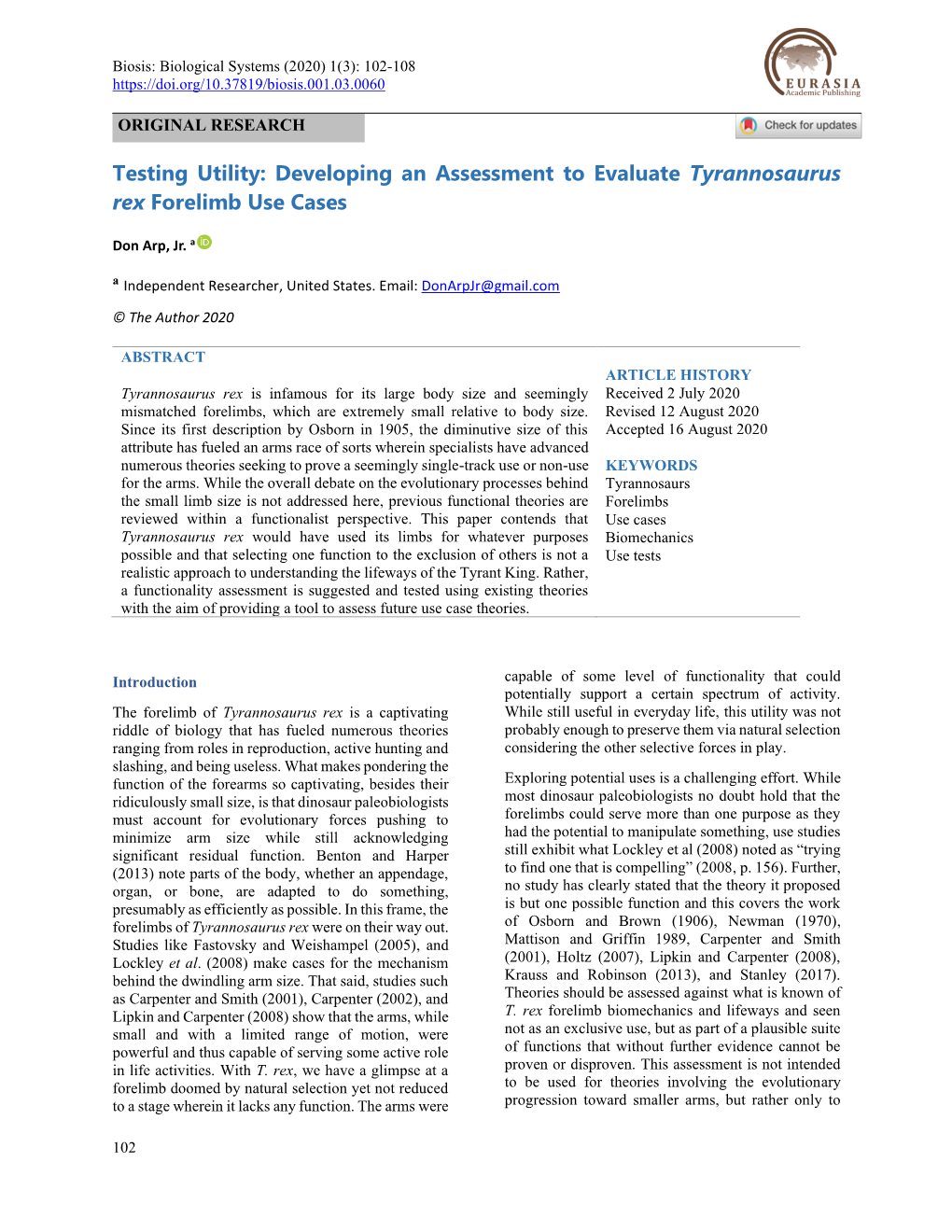 Developing an Assessment to Evaluate Tyrannosaurus Rex Forelimb Use Cases