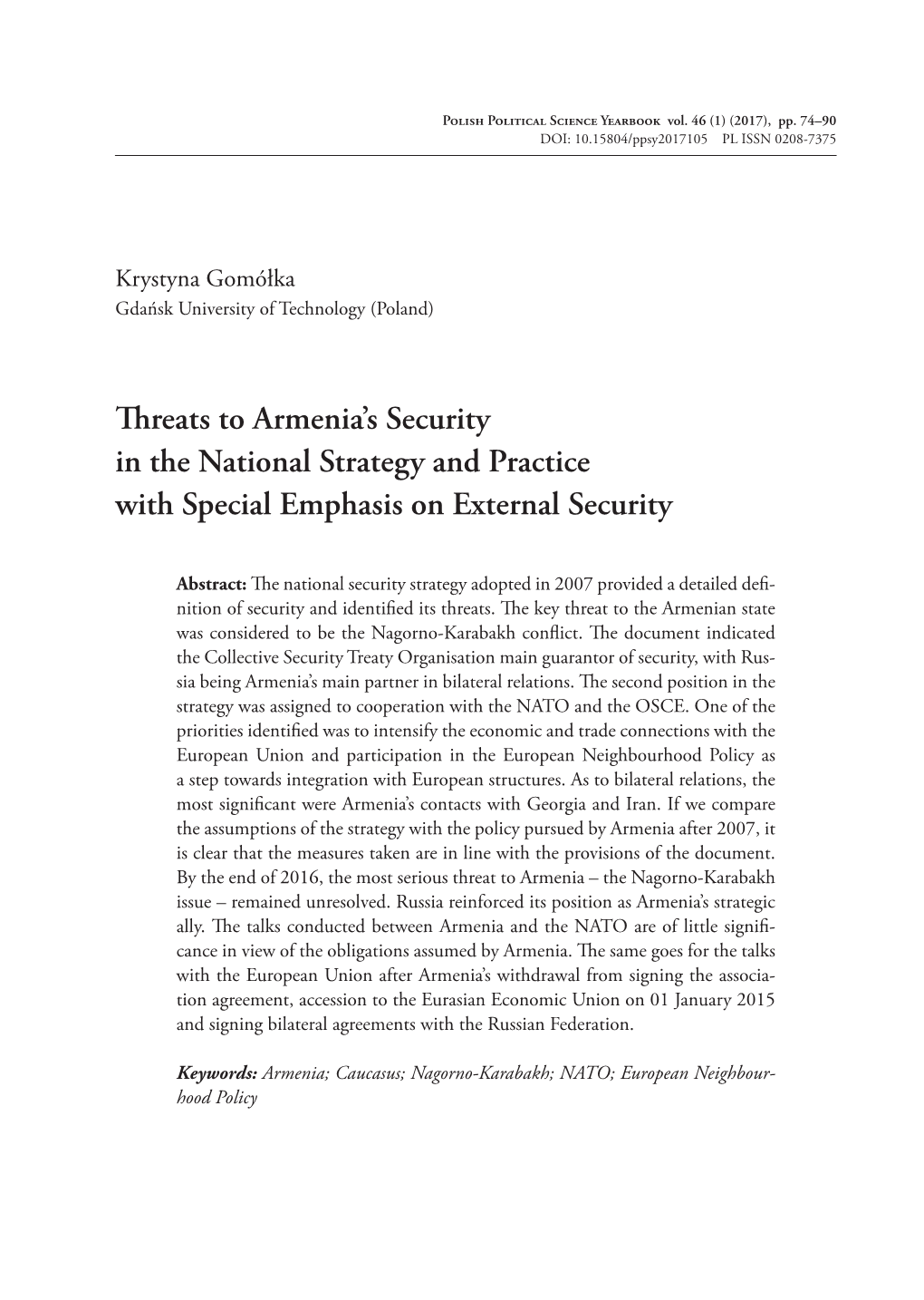 Threats to Armenia's Security in the National Strategy and Practice With