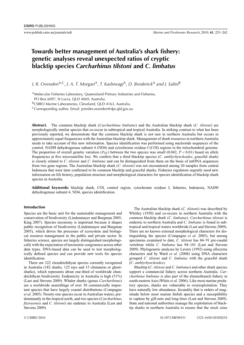 Towards Better Management of Australia's Shark Fishery: Genetic