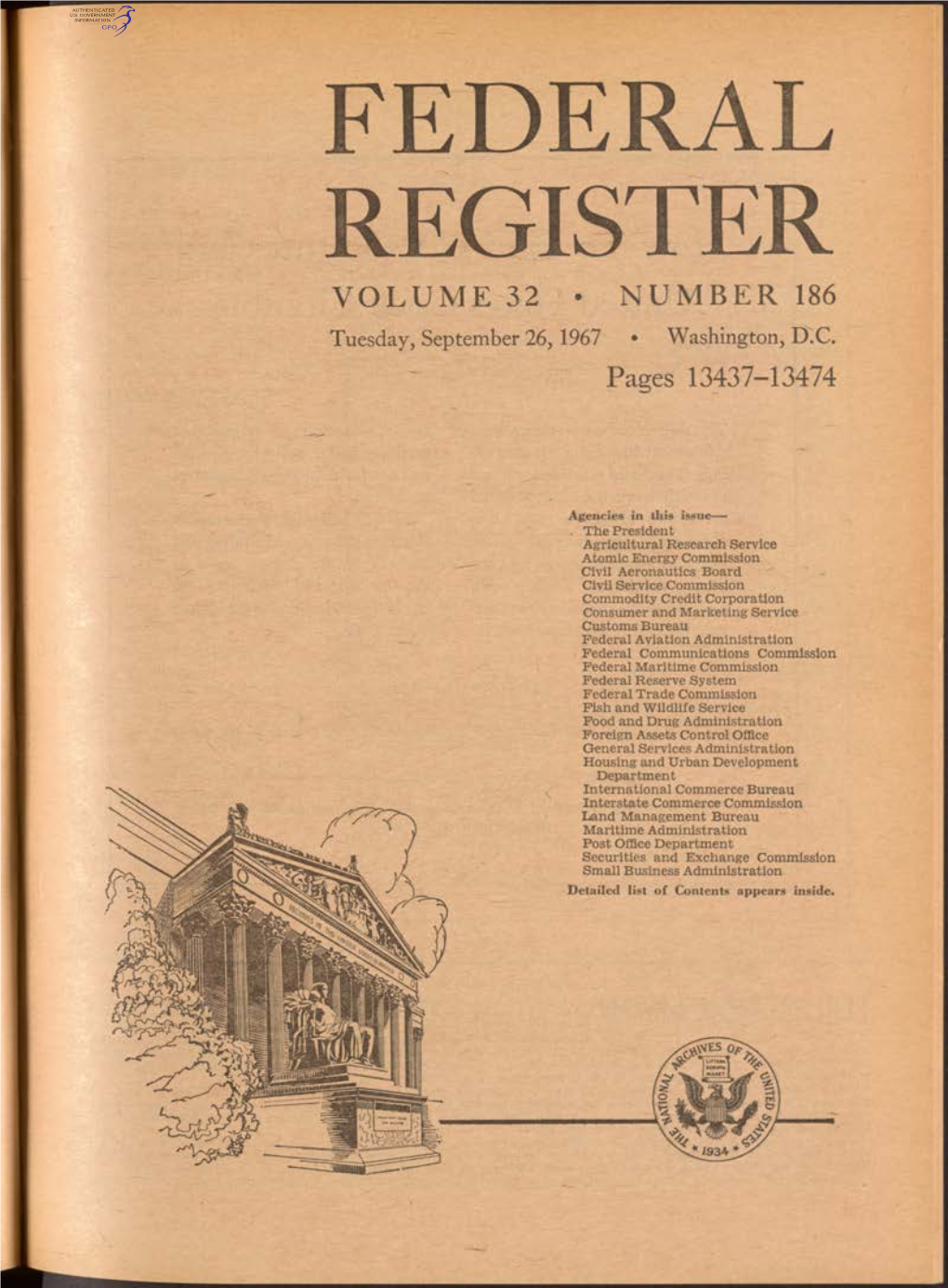 FEDERAL REGISTER VOLUME 32 • NUMBER 186 Tuesday, September 26, 1967 • Washington, D.C