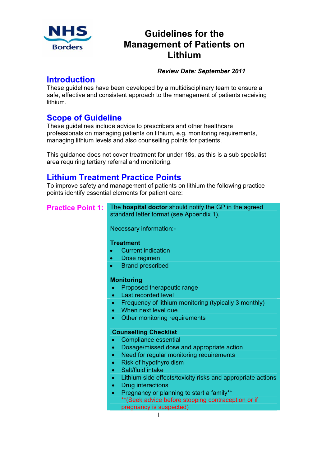 Guidelines for the Management of Patients on Lithium