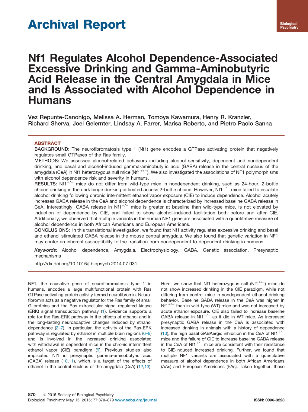 Nf1 Regulates Alcohol Dependence-Associated Excessive