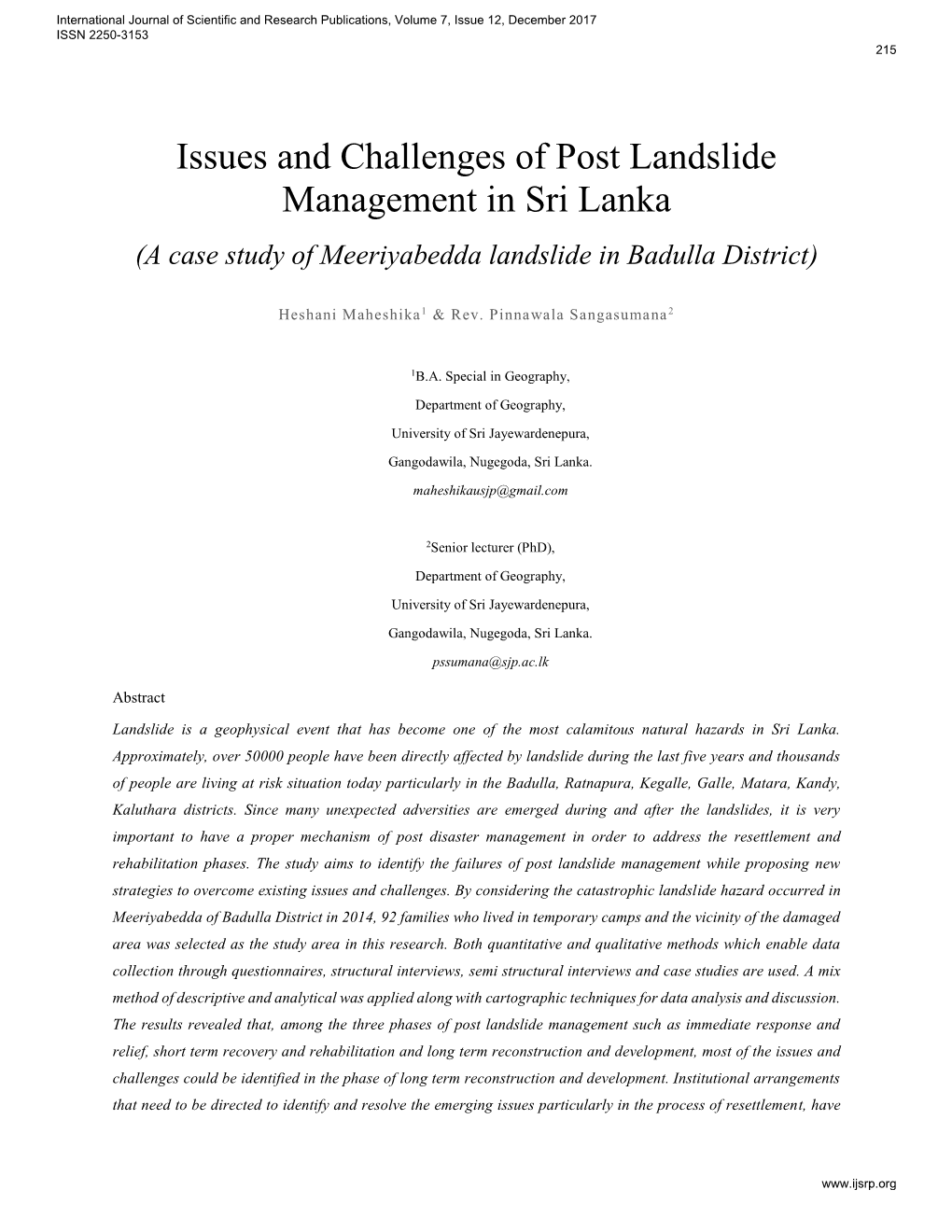 Issues and Challenges of Post Landslide Management in Sri Lanka (A Case Study of Meeriyabedda Landslide in Badulla District)